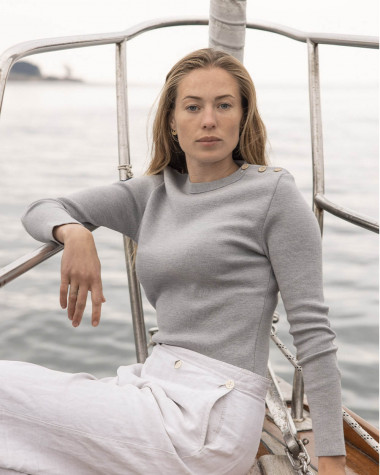 Marine-Pullover für Damen aus Merinowolle · Grau und weiß