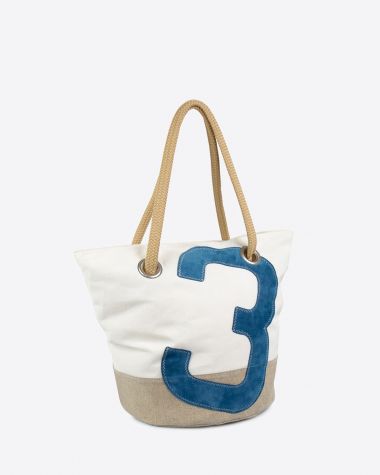 Hand bag Sandy · Linen and blue leather