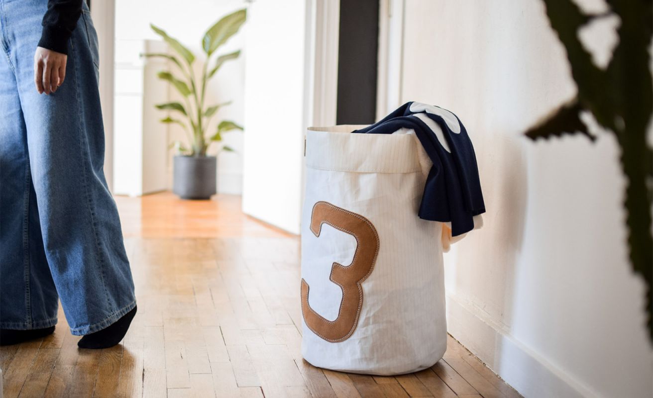 Camel striped laundry basket