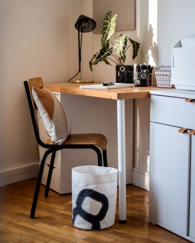 Striped wastepaper basket