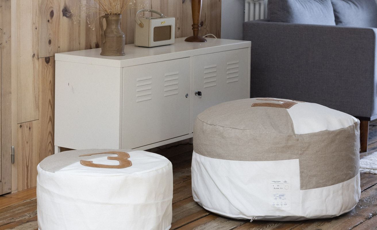 Pouf Solo Lin et cuir French Riviera ⌀54