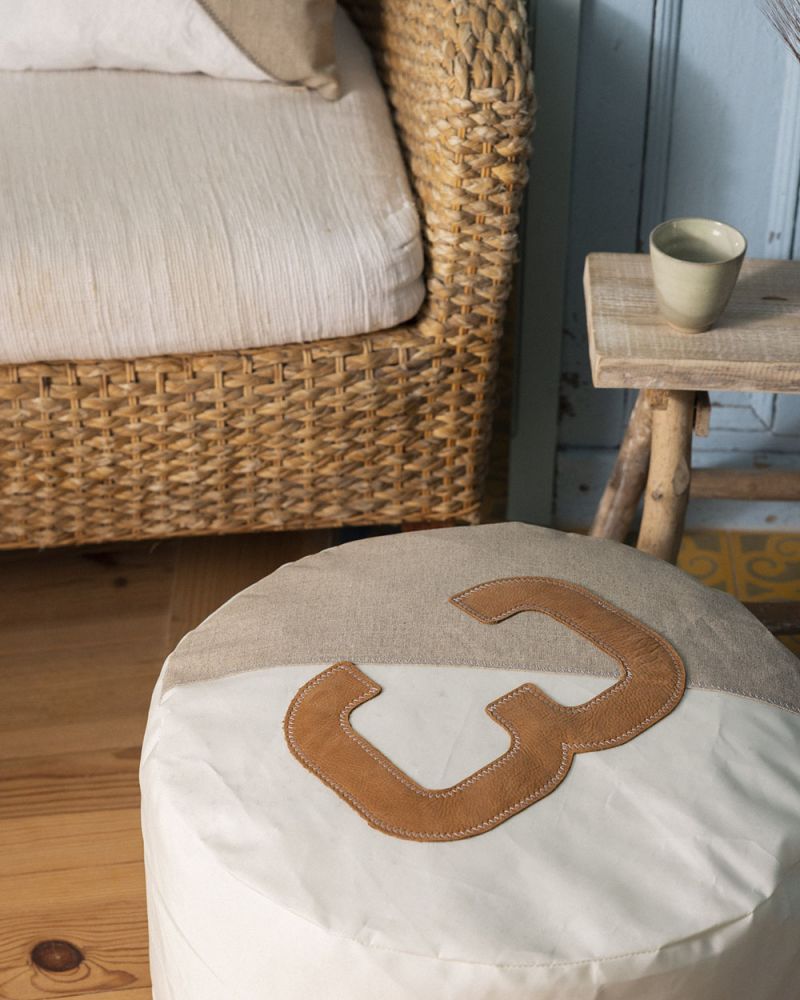 Pouf Solo Lin et cuir French Riviera ⌀54