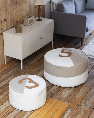 Pouf Solo Lin et cuir French Riviera ⌀54