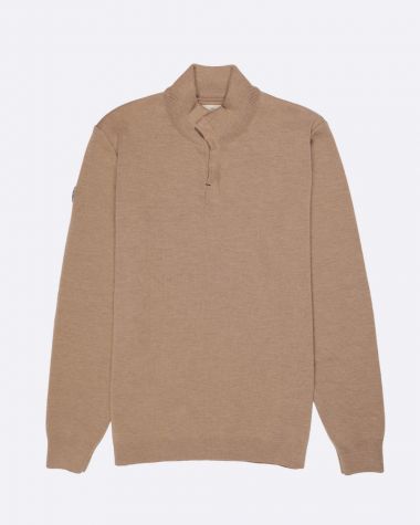 Men's crew-neck pullover · Camel and navy blue 