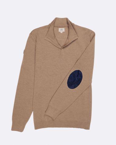 Men's crew-neck pullover · Camel and navy blue 