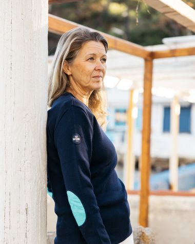 Pull marin Femme Laine Mérinos · Marine et bleu gwada