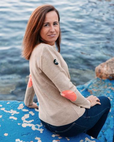 Marine-Pullover für Damen aus Merinowolle · Leinen und rosa