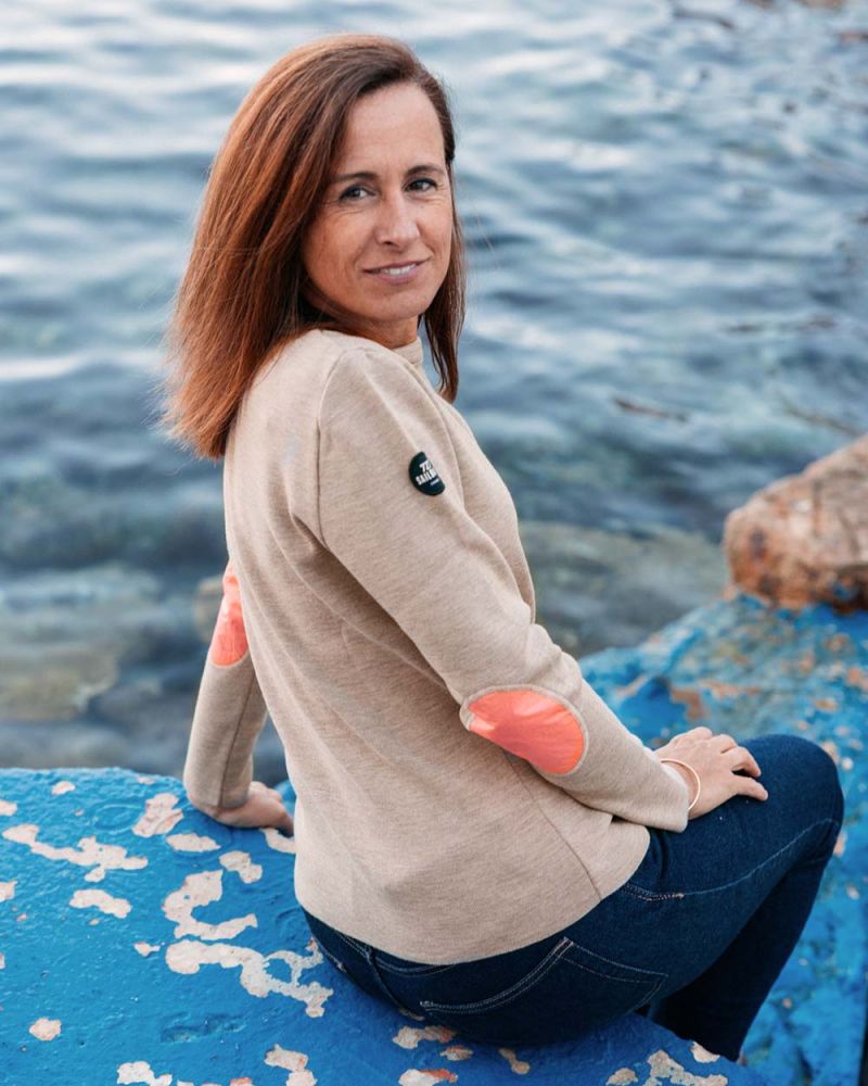 Marine-Pullover für Damen aus Merinowolle · Leinen und rosa