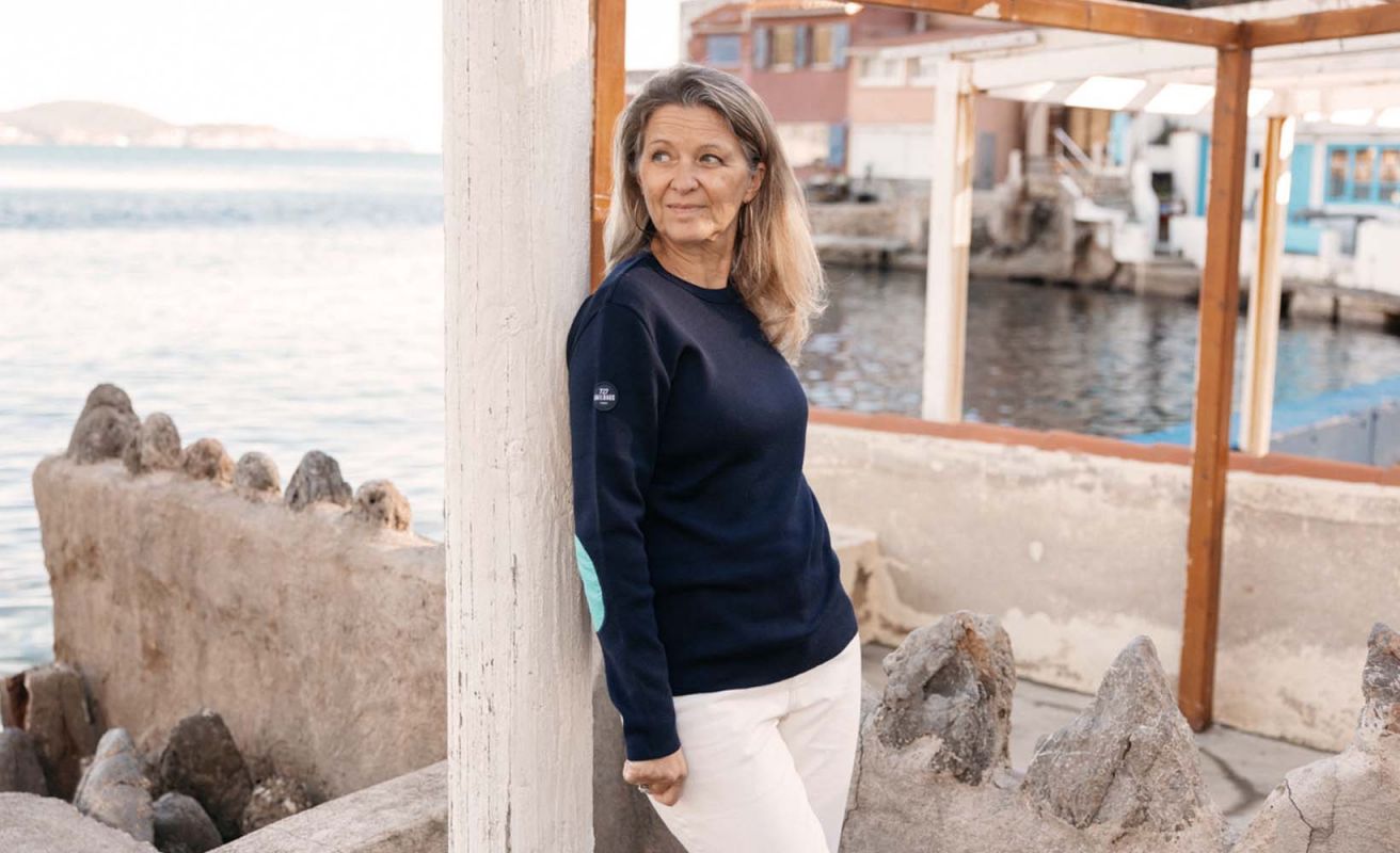 Pull marin Femme Laine Mérinos · Marine et bleu gwada