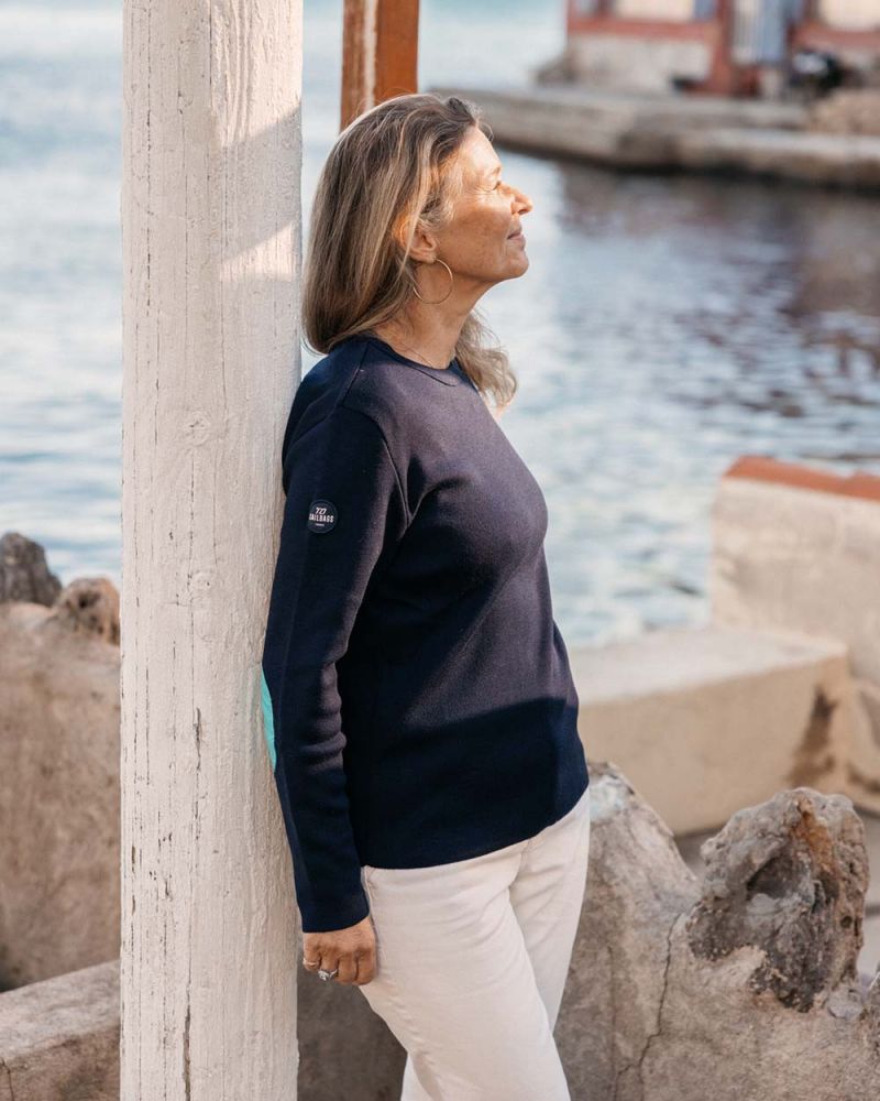 Pull marin Femme Laine Mérinos · Marine et bleu gwada