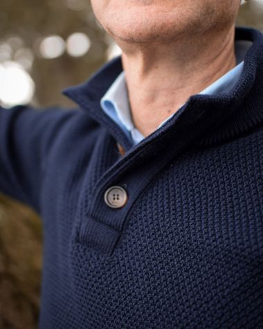 Newfoundland stand-up collar sweater · Navy blue merino wool 