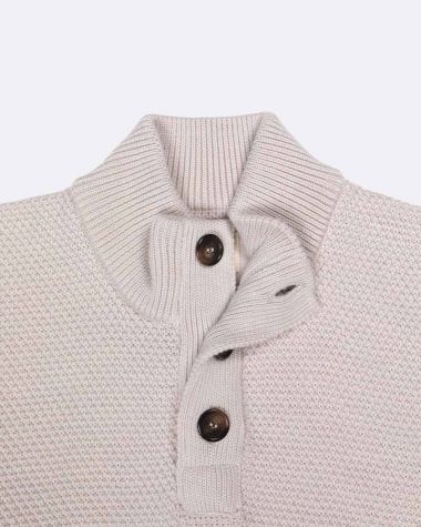 Newfoundland stand-up collar sweater · Ecru and navy merino wool 