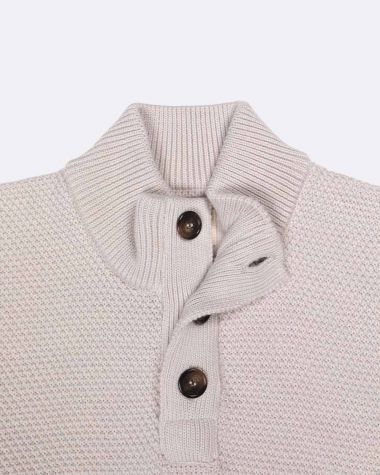Newfoundland stand-up collar sweater · Ecru and navy merino wool