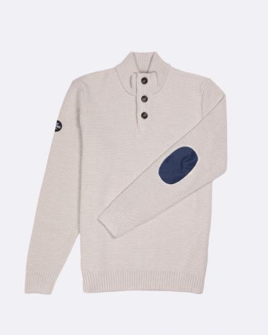 Newfoundland stand-up collar sweater · Ecru and navy merino wool 