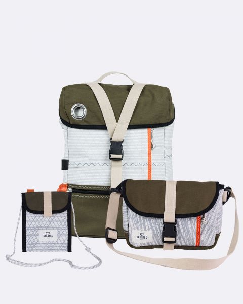 Trio-Pack : Fahrradtasche - Rucksack Biky &  Lenkertasche Scooty & Umhängetasche Skate · Khaki und orange