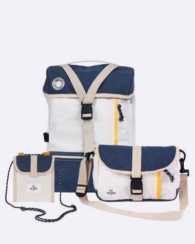 Trio-Pack : Fahrradtasche - Rucksack Biky &  Lenkertasche Scooty & Umhängetasche Skate · Marineblau und gelb