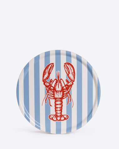 Round Serving Tray · Blue Stripes & Red Lobster