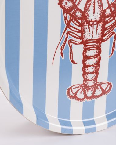 Plateau rond en bois ∙ Rayures bleues & Homard rouge