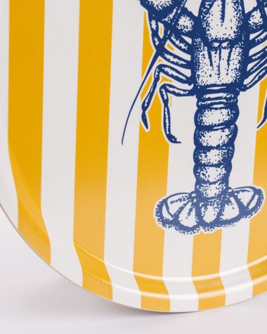 Plateau rond en bois ∙ Rayures jaunes & Homard bleu