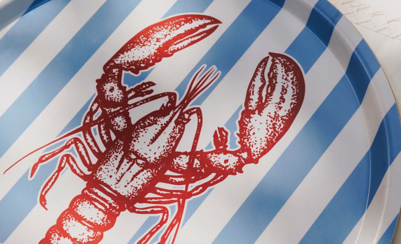 Round Serving Tray · Blue Stripes & Red Lobster