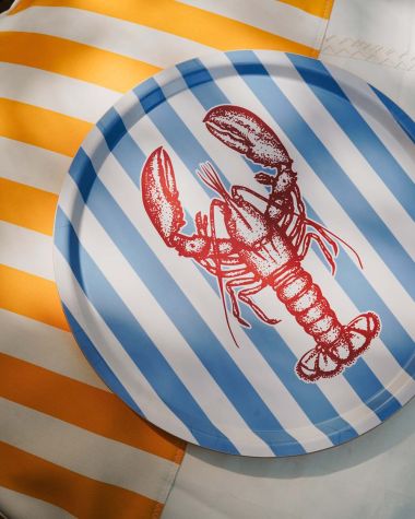Round Serving Tray · Blue Stripes & Red Lobster