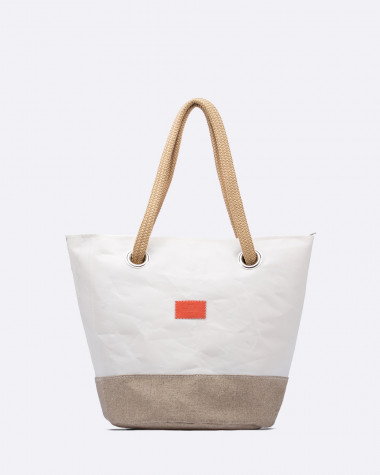 Hand bag Sandy · Linen and blue leather