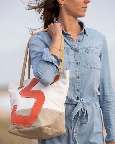 Legend Handbag · Linen and Coral Leather