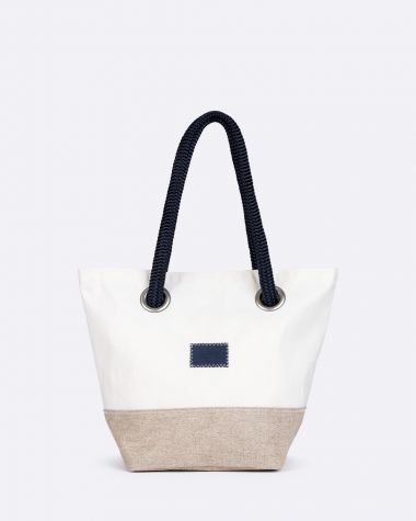 Legend Handbag · Linen and Navy Leather