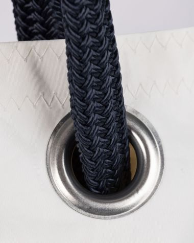 Legend Handbag · Linen and Navy Leather