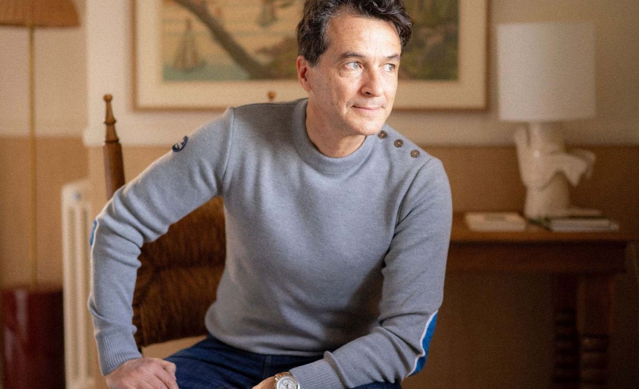 Men's sailor sweater in mérinos wool · Grey and blue